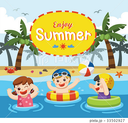 Happy kids play and swim at the sea. 33502927