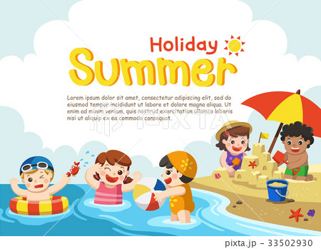 Happy kids play and swim at the beach. 33502930