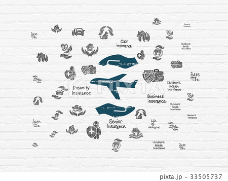 Insurance concept: Airplane And Palm on wall Insurance concept: Airplane And Palm on wall 33505737