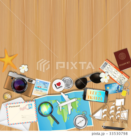 tropical travel object set on wood board backgroun 33530798