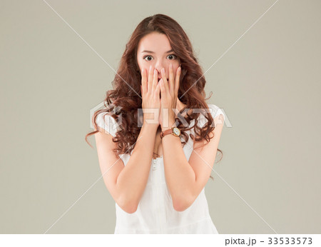 The young woman's portrait with surprised emotions The young woman's portrait with surprised emotions 33533573