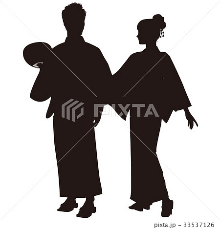 シルエット 浴衣のカップル 盆踊り 祭り ゆかた姿 粋な二人のイラスト素材