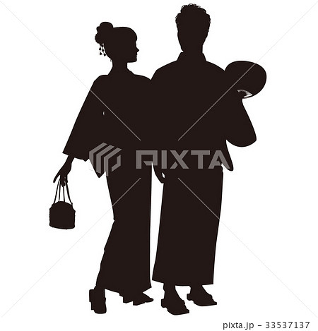 シルエット 浴衣のカップル 盆踊り 祭り ゆかた姿 腕を組む二人のイラスト素材 33537137 Pixta