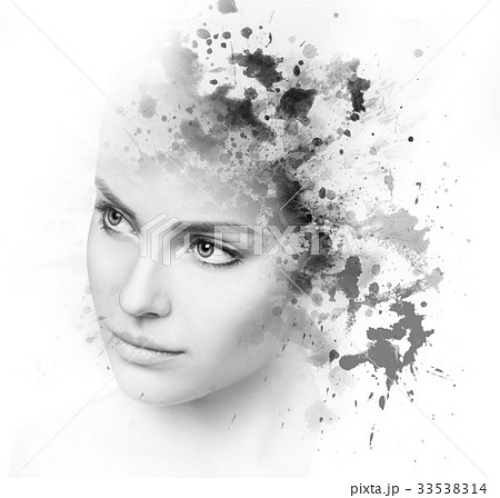 Double exposure of young woman and blots 33538314