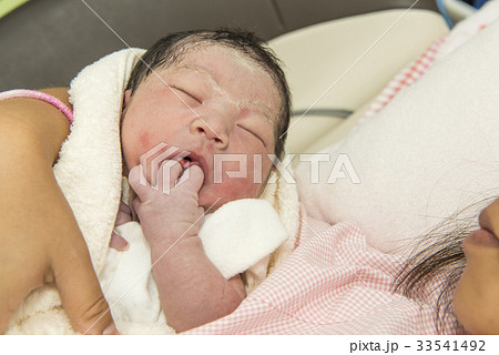お母さんに抱かれる生まれたての赤ちゃん 33541492