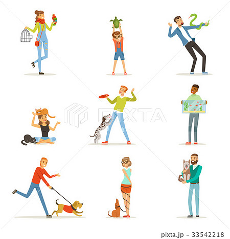 Happy people having fun with pets, man, women and 33542218