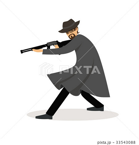 Mafia Man Character In Gray Coat And Fedora Hatのイラスト素材