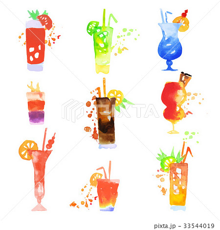 Cocktails Set Summer Drinks Watercolor Vectorのイラスト素材