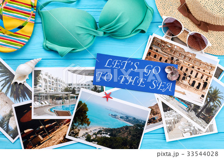 Variety of beach accessories, photos. Variety of beach accessories, photos. 33544028