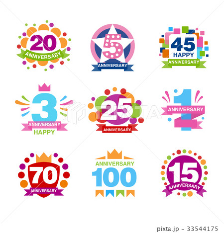 Colorful anniversary birthdays festive signs set 33544175