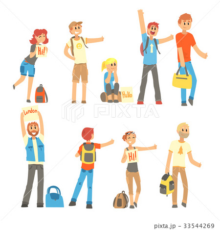 Young people standing with a sign hitchhiking and 33544269