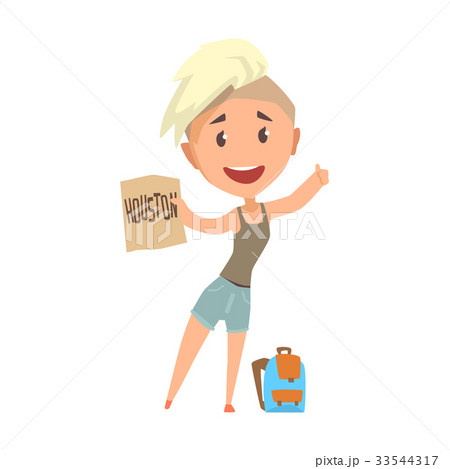 Young happy woman standing with a sign hitchhiking 33544317