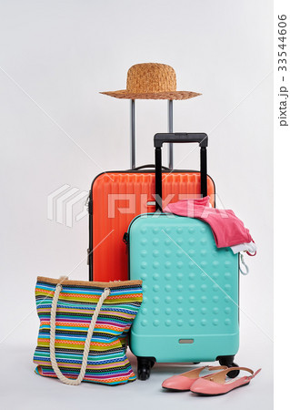 Straw hat, woman accessories, suitcases. Straw hat, woman accessories, suitcases. 33544606