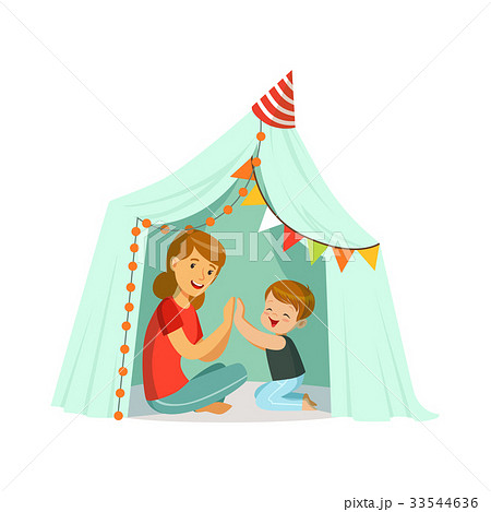 Mum and her son playing in a tepee tent, kid Mum and her son playing in a tepee tent, kid 33544636