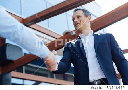 Joyful positive man shaking a hand of his partner Joyful positive man shaking a hand of his partner 33548952