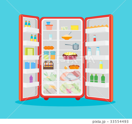 Cartoon Opened Refrigerator Full Of Food. Vector Cartoon Opened Refrigerator Full Of Food. Vector 33554493