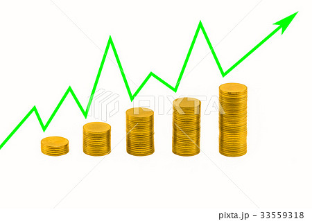 Pile of golden coins and upside growing arrow Pile of golden coins and upside growing arrow 33559318
