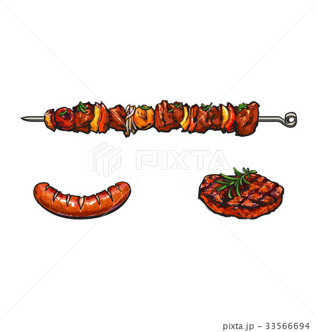 Grilled, barbequed meat on stick, steak, sausage 33566694