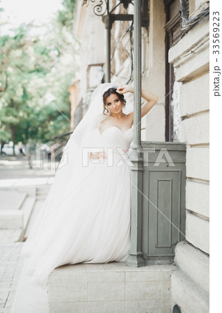 Beautiful bride posing in wedding dress outdoors 33569223