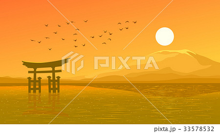 Flying birds against orange sunset. Flying birds against orange sunset. 33578532