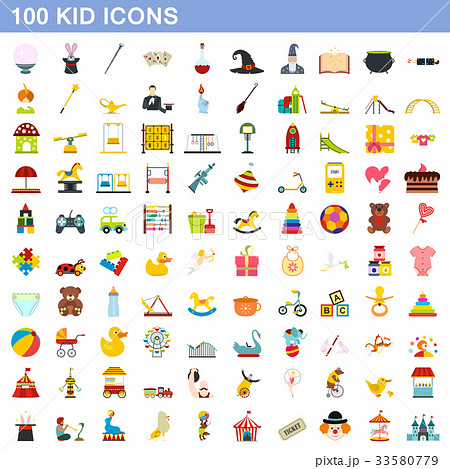 100 kid icons set, flat style 33580779