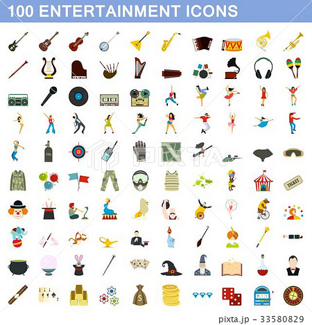 100 entertainment icons set, flat style 100 entertainment icons set, flat style 33580829