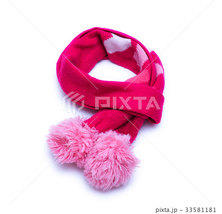 Knitted red scarf with pompoms on white background Knitted red scarf with pompoms on white background 33581181