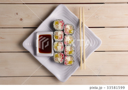 Rolls with eel and avocado on plate with soy sauce Rolls with eel and avocado on plate with soy sauce 33581599
