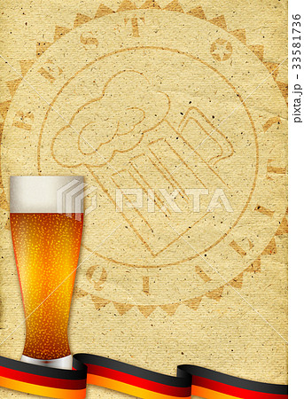 Background with stamp of quality and glass of beer 33581736