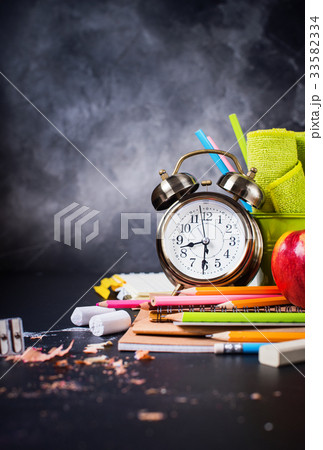 Concept Back To School Clock Chalk Pencil Apple 33582334