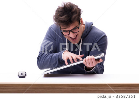 Funny nerd man working on computer isolated on Funny nerd man working on computer isolated on 33587351