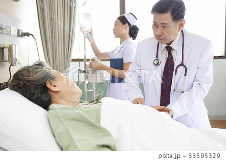 The doctor is holding the patient's hand while the nurse is checking the saline bottle. 33595329