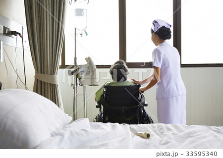 The nurse and the patient are talking near the window in the hospital The nurse and the patient are talking near the window in the hospital 33595340