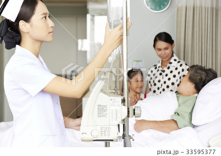 A picture of a nurse checking a saline bottle in a patient's room 33595377