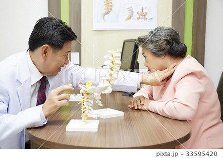 male doctor is examining elderly woman's neck indoors 33595420