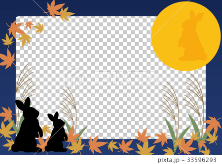 ウサギとススキと紅葉の四角いお月見フレームのイラスト素材 [33596293