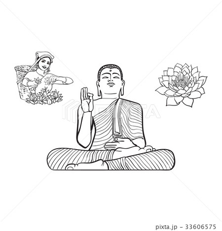vector buddha statue woman tea picker lotus flower 33606575