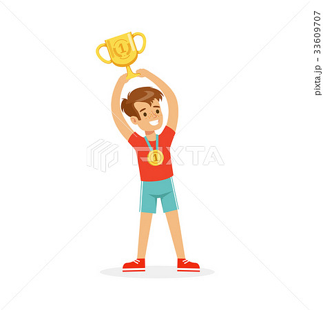Young athletes boy holding winner cup, kid Young athletes boy holding winner cup, kid 33609707