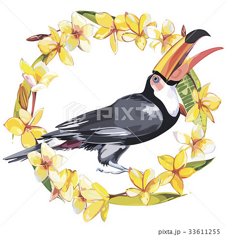 Flamingo with tropical flowers. Element for design 33611255