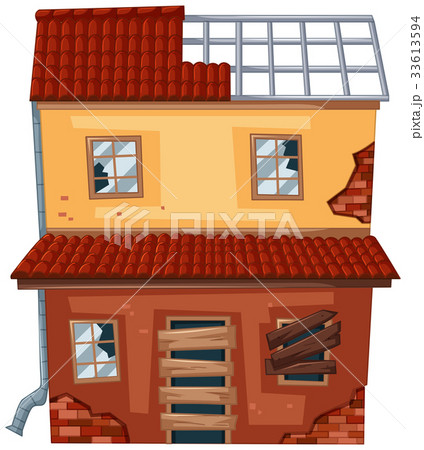 Brick house with broken roof and windows Brick house with broken roof and windows 33613594