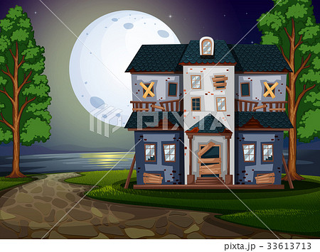 Haunted house by the lake at night 33613713