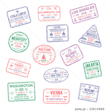 Vector icons of city passport stamps world travel 33614989