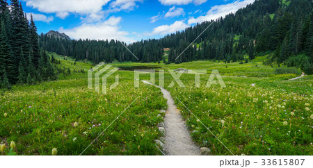 Mountain with Blue Sky and Green Grass and Lake 33615807