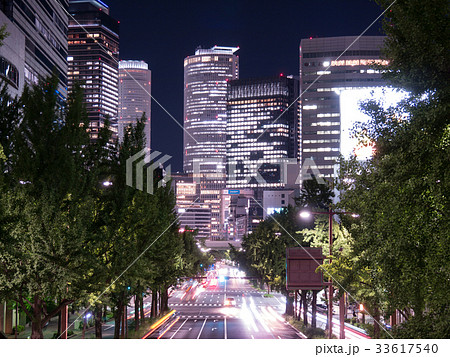 名古屋都市風景　桜通の銀杏並木と名古屋駅ビル群　夜景 33617540
