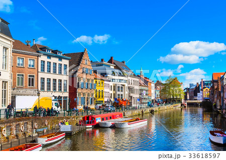 Old traditional houses, canal in Ghent, Belgium 33618597