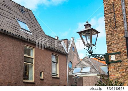 Street view, house, lantern in Leiden, Netherlands 33618663