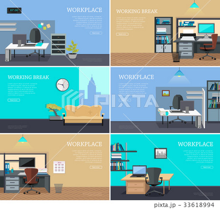 Set of Office Interior Web Banners in Flat Design 33618994