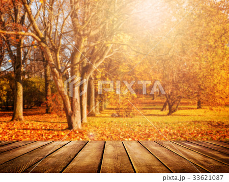 Old wooden desk top with golden leaves 33621087