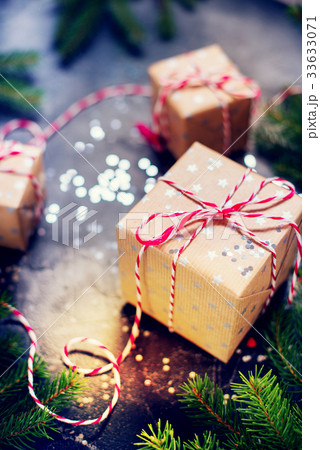 Festive Christmas Composition Boxes Red Ribbon 33633071