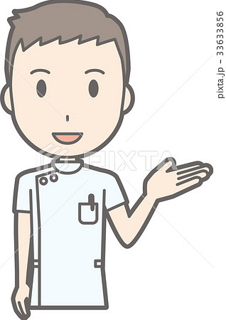 白衣を着た男性看護師が手を差し出して案内しているイラストのイラスト素材